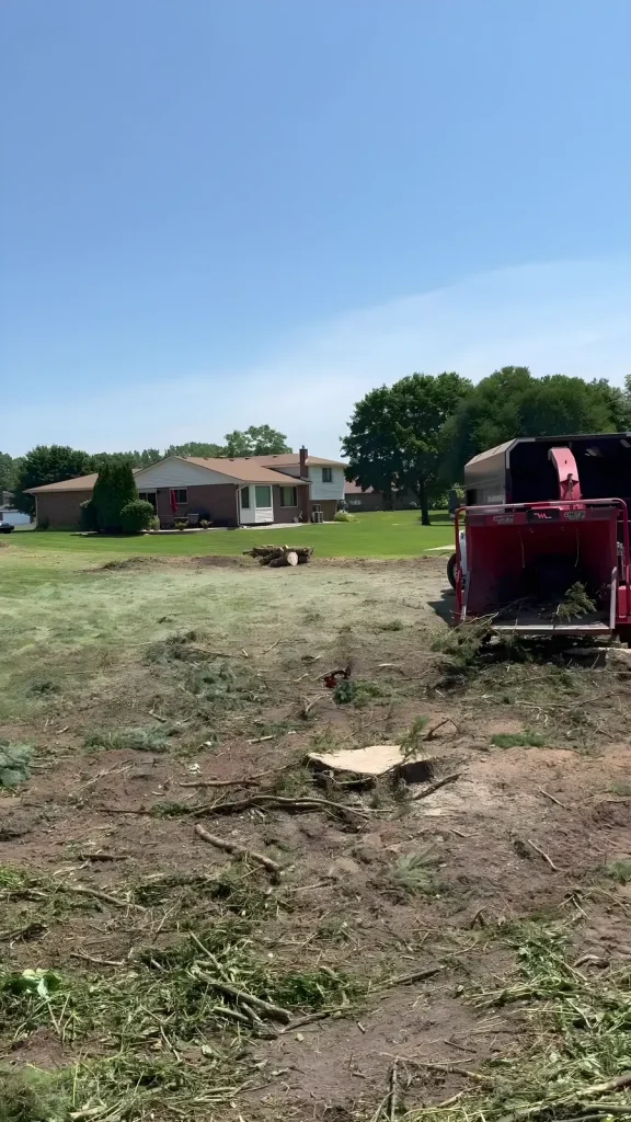 Cleared lot with fresh stump and chipper after a Tree Pros removal